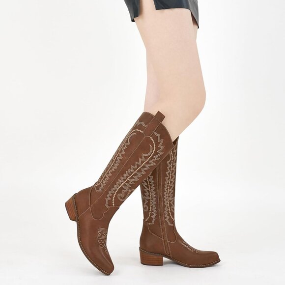 Women's Brown Embroidered Knee High Chunky Heel Pointed Zipper Tall Boots - Picture 6 of 7